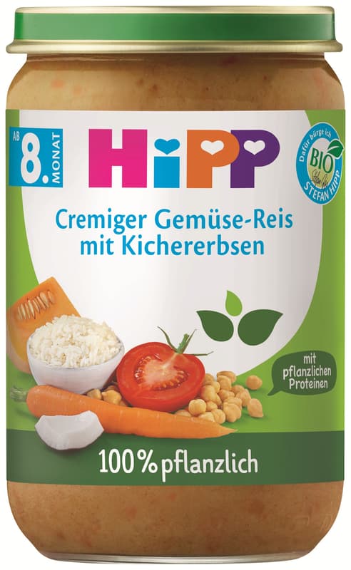 Hipp BIO Zöldségek rizzsel csicseri borsóval és borsófehérjével, 8 hónapos kortól