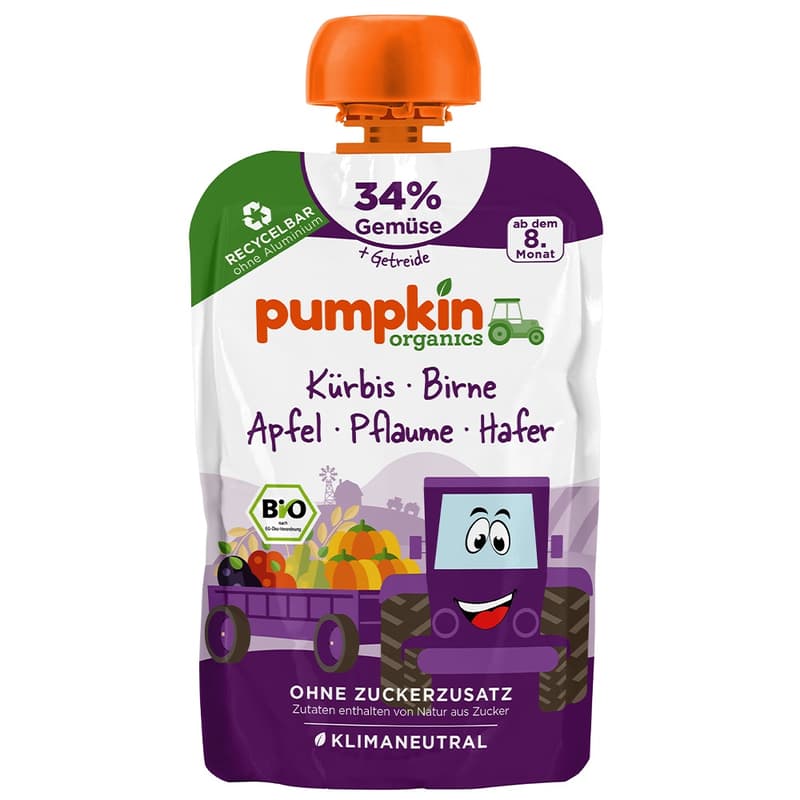 Pumpkin Organics Bio Sütőtök körte szilva zabbal tasakos püré 8 hónapos kortól