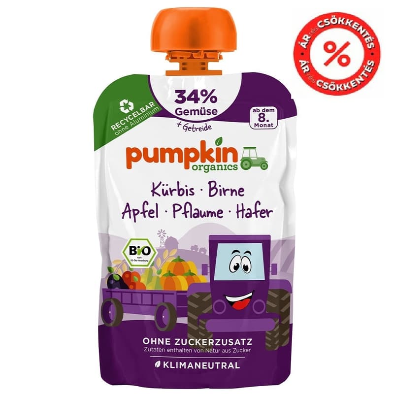 Pumpkin Organics Bio Sütőtök körte szilva zabbal tasakos püré 8 hónapos kortól