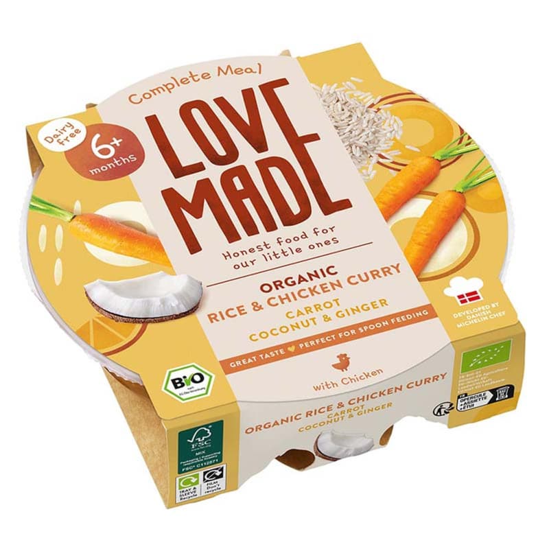 Lovemade Organic Bio Currys csirke rizzsel répával kókusszal és gyömbérrel 6 hónapos kortól
