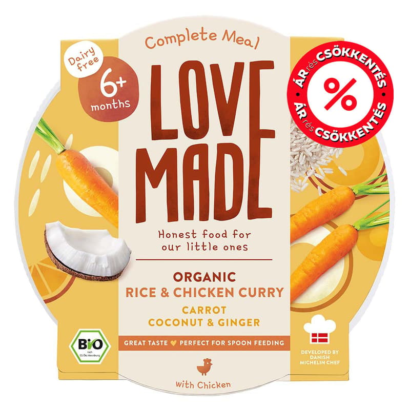 Lovemade Organic Bio Currys csirke rizzsel répával kókusszal és gyömbérrel 6 hónapos kortól