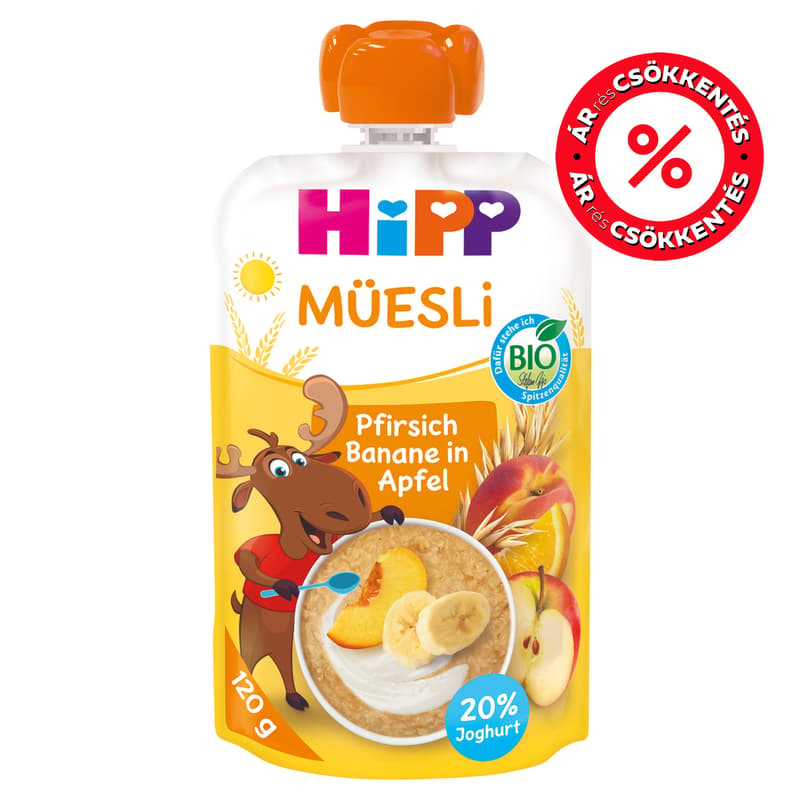 Hipp Bio Müzli őszibarack-banán almában, 1 éves kortól