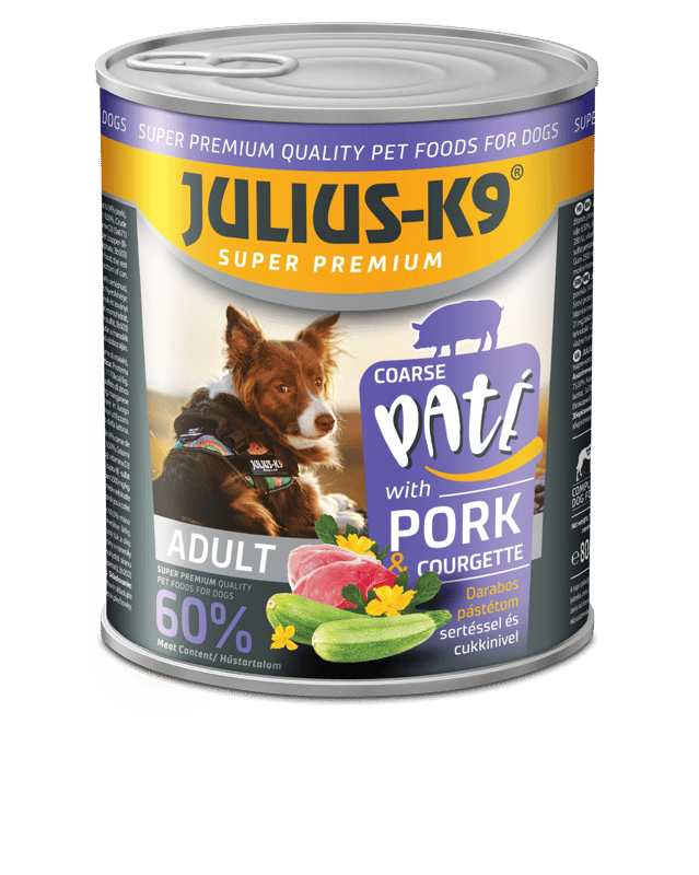 Julius-K9 Dog konzerv pástétom felnőtt kutyáknak, sertés-cukkini