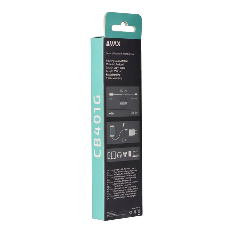 AVAX CB401G STEELY USB A-Lightning 20W, 1.5m fast charger, braided cable, 3A, steel-grey