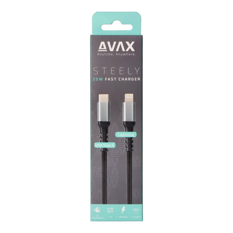 AVAX CB402G STEELY Type C-Lightning 20W, 1.5m fast charger, braided cable, 3A, steel-grey