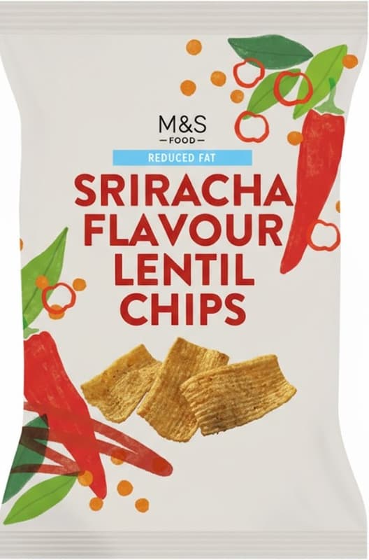 Marks & Spencer Lencsalapú chips chilivel és paradicsomdarabokkal, sriracha ízesítéssel