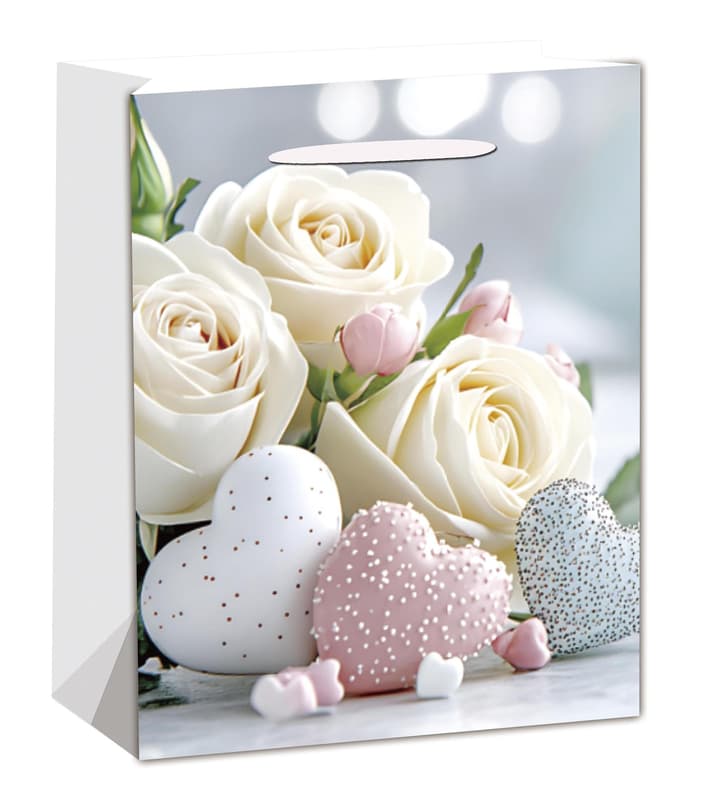 Gift bag white rose+hearts 11x14 cm