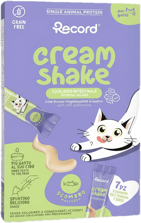 Record Cream Shake emésztést támogató jutalomfalat macskáknak, makréla 7×12 g