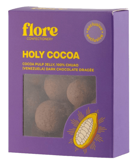 Flore Confectionery Holy Cocoa dragée: cocoa juice jelly, 100% Chuao (Venezuela) dark chocolate dragée