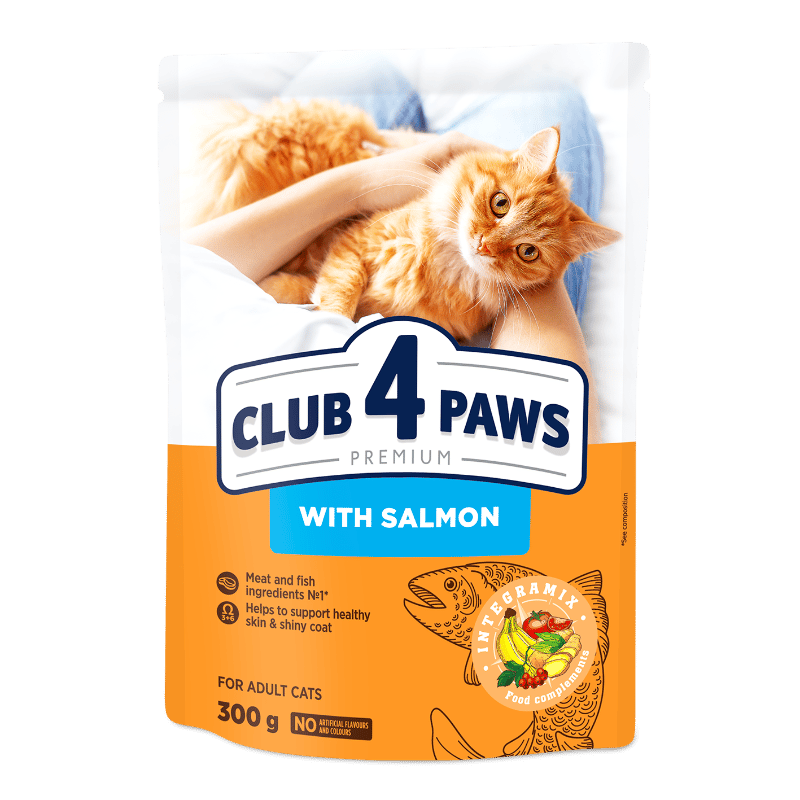 CLUB 4 PAWS Premium "With Salmon". Сomplete dry pet food for adult cats, 0,3 kg