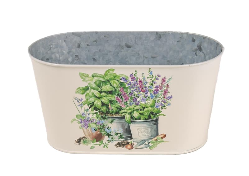 Tin plant pot oval with flowers 23x12 cm