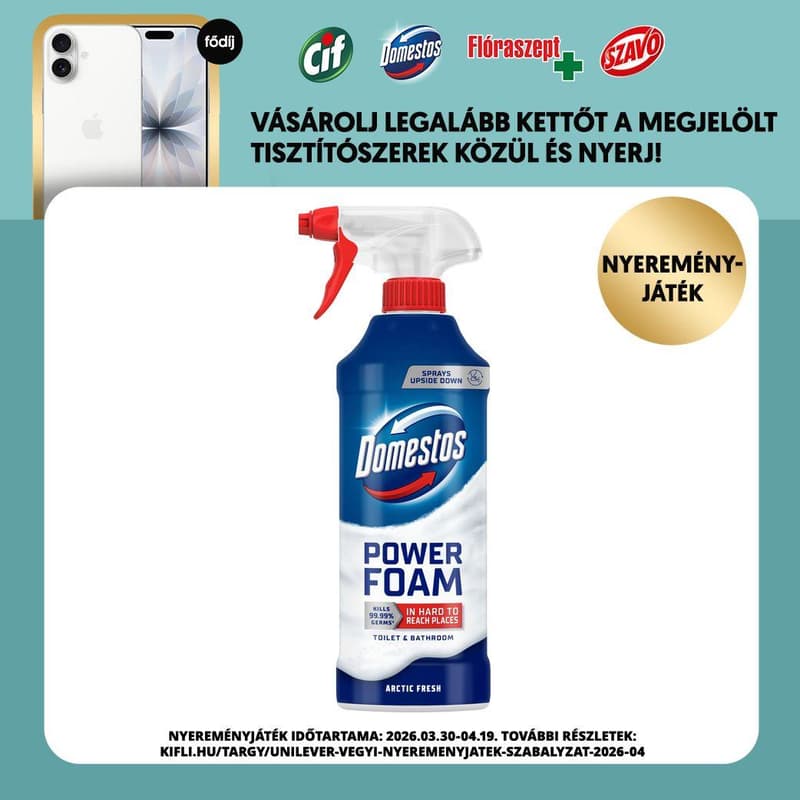 Domestos Power Foam Arctic Fresh WC és fürdőszoba tisztító hab, 650 ml