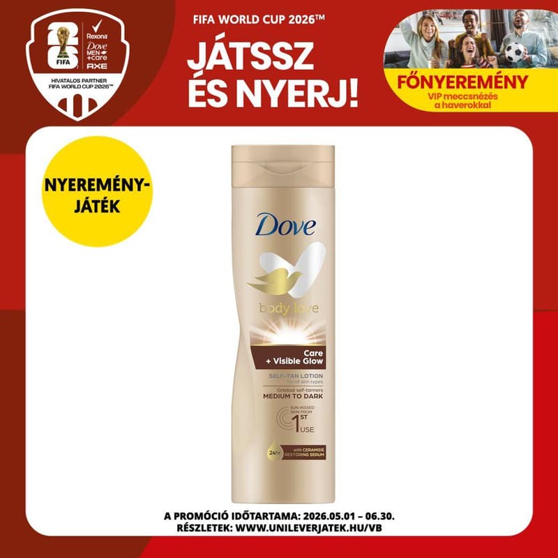 Dove Body Love Care+ Visible Glow önbarnító testápoló közepes-sötét árnyalatú bőrre, 250 ml