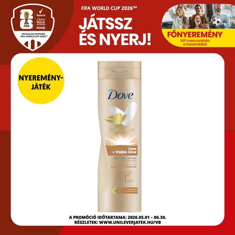Dove Body Love Care+ Visible Glow önbarnító testápoló világos-közép árnyalatú bőrre, 250 ml