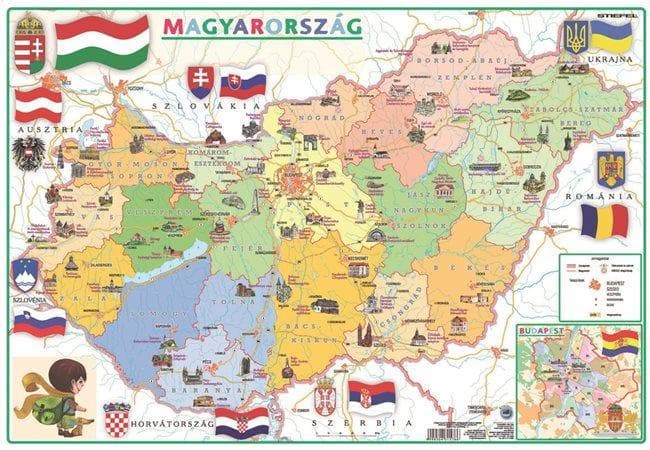 Könyökalátét, kétoldalas, A3 – STIEFEL „Gyerek Magyarország közigazgatása / Magyarország domborzata