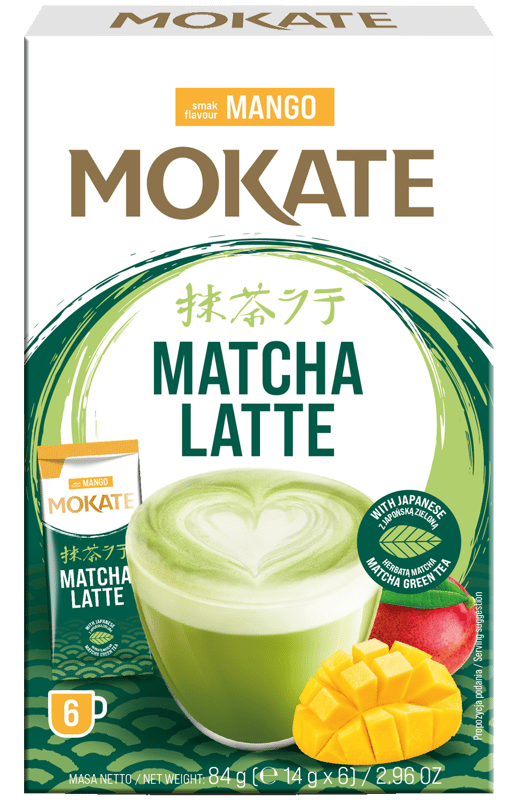 Mokate Matcha Latte Mangó tej és zöldtea alapú instant italpor, mangó ízesítéssel
