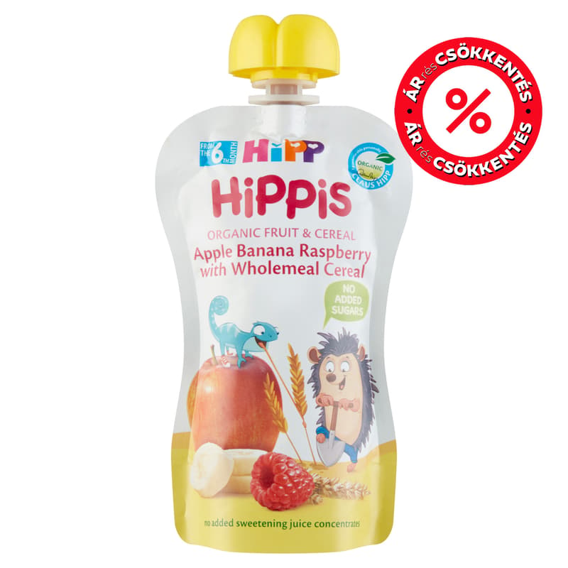 Hipp BIO HiPPiS Alma-Banán-Málna teljes kiőrlésű gabonával 6 hónapos kortól