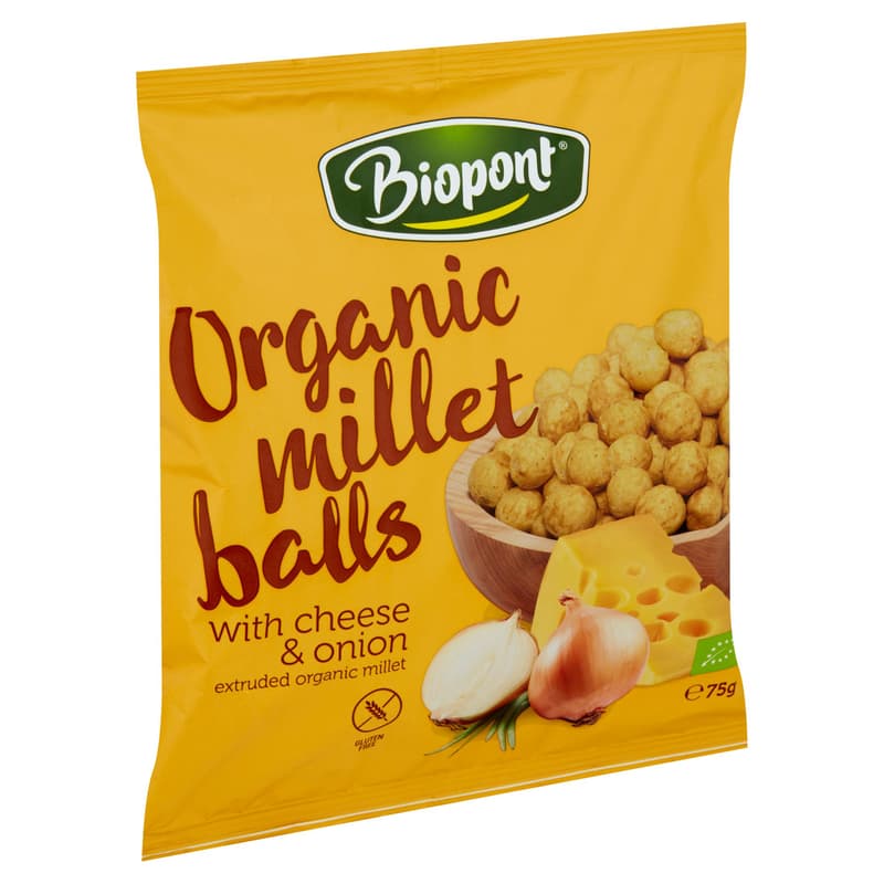 Extrudált BIO kölesgolyó, sajtos-hagymás ízesítésű