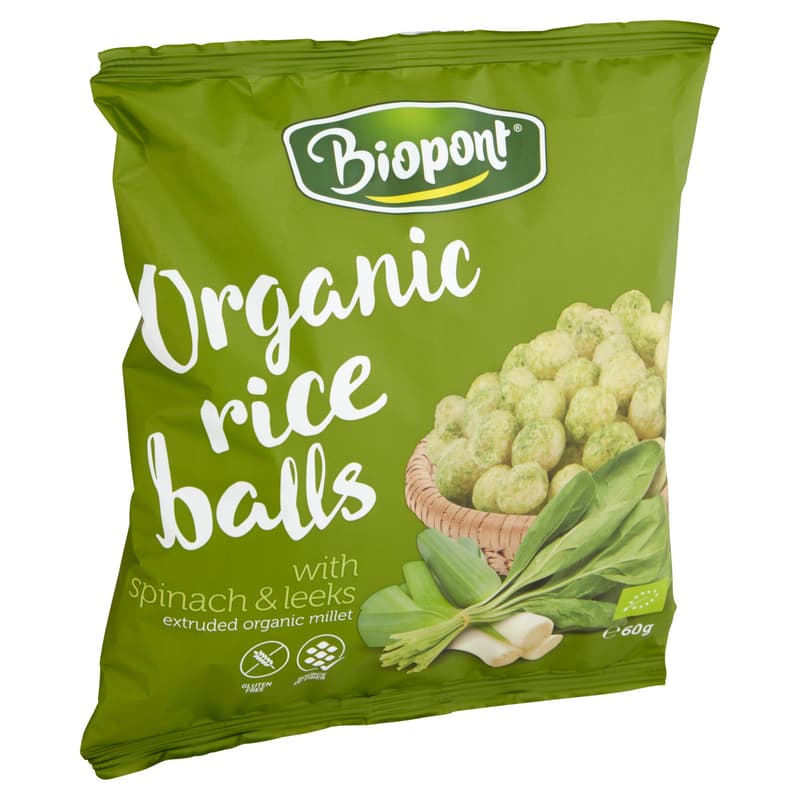 Extrudált BIO rizsgolyó spenóttal és póréhagymával (gluténmentes)