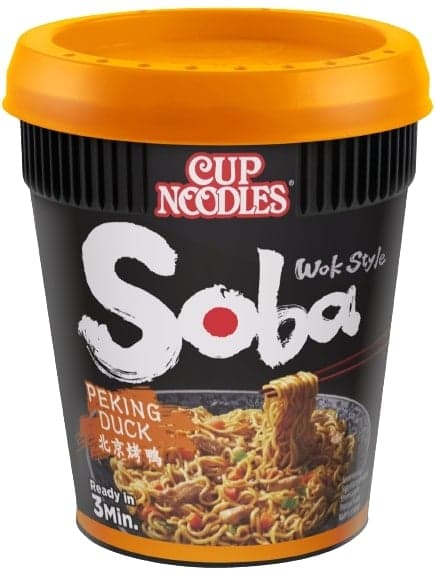 Nissin Soba instant noodles made from wheat flour with Peking duck sauce