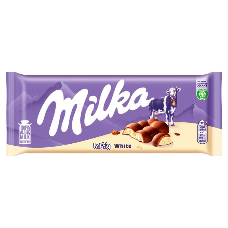 Milka Bubbly alpesi tejcsokoládé levegőbuborékos fehércsokoládé töltelékkel