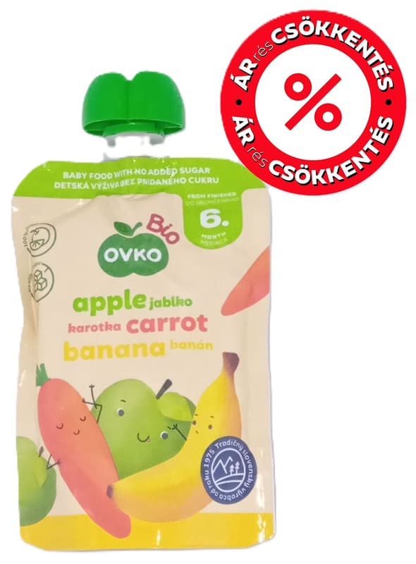 Ovko BIO alma, sárgarépa, banán püré 6 hónapos kortól
