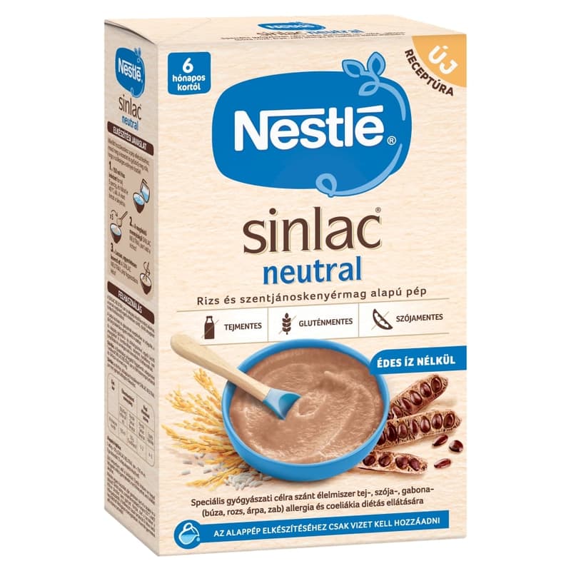 Nestlé Sinlac Neutral rizs és szentjánoskenyérmag alapú pép édes íz nélkül 6 hónapos kortól