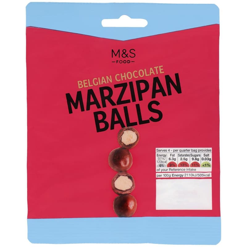 Marks & Spencer Marzipan balls dipped in milk & dark chocolate (49%)