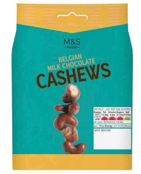 Marks & Spencer Belgian milk chocolate caramelized honey cashews (39%)