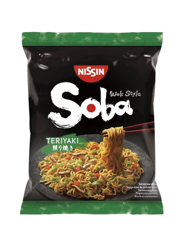Nissin Soba Teriyaki flavored fried noodles made from wheat flour