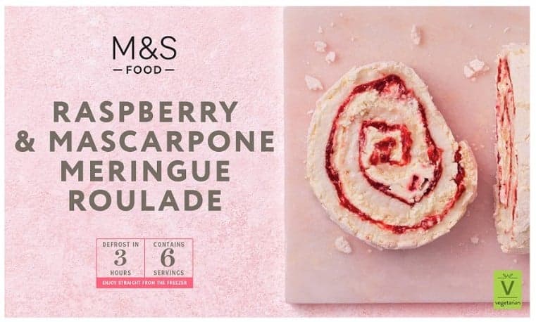 Marks & Spencer Meringue rolls stuffed with raspberry sauce (25%), whipped cream mascarpone cheese (25%) & raspberry pieces (3%) sprinkled with powdered sugar