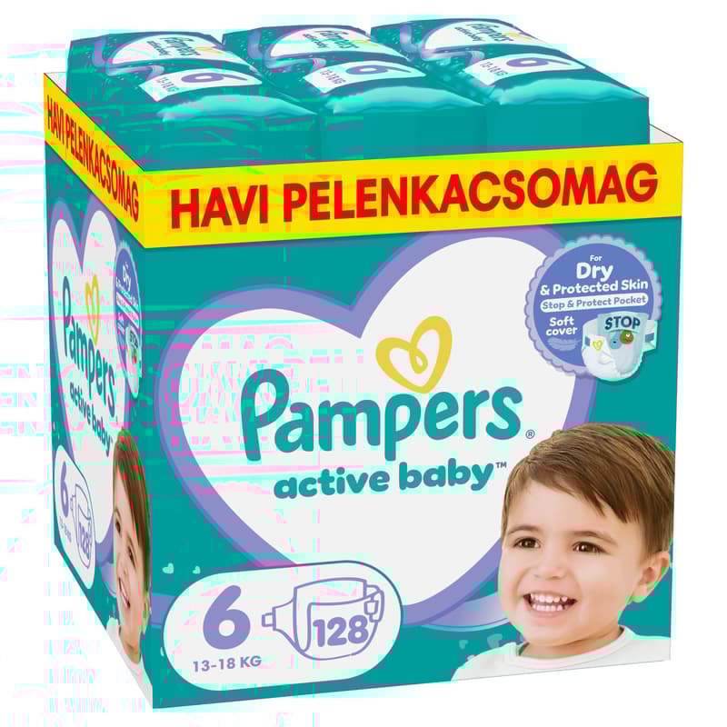 Pampers Active Baby Pelenka, Havi Pelenkacsomag, Méret: 6 (13-18 kg) 128 db