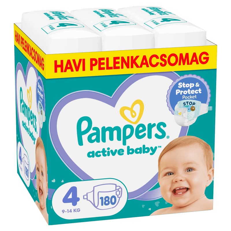 Pampers Active Baby Pelenka, Havi Pelenkacsomag, Méret: 4 (9-14 kg) 180 db