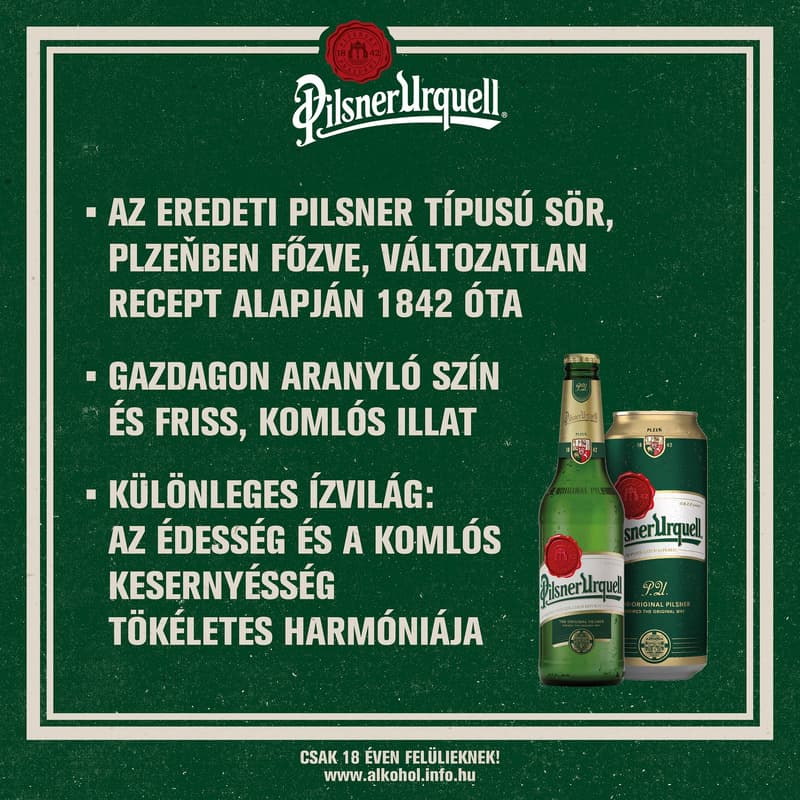 Pilsner Urquell minőségi világos sör 4,4% (6-os multipack)