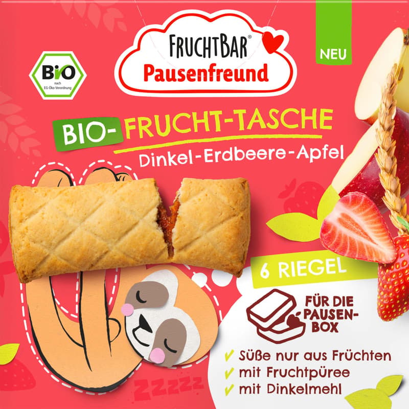 Fruchtbar Pausenfreund BIO Gyümölcsös párna eperrel, almával és tönköllyel 3 éves kortól