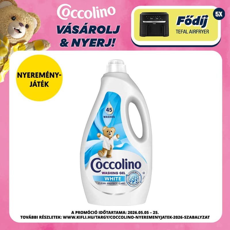 Coccolino White mosószer fehér ruhákhoz, 45 mosás, 1.8 l