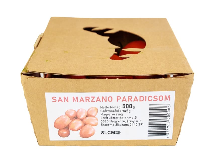 Hazai San Marzano típusú paradicsom Király Zoltán Nagykőrösi kertészetéből, csomagolt