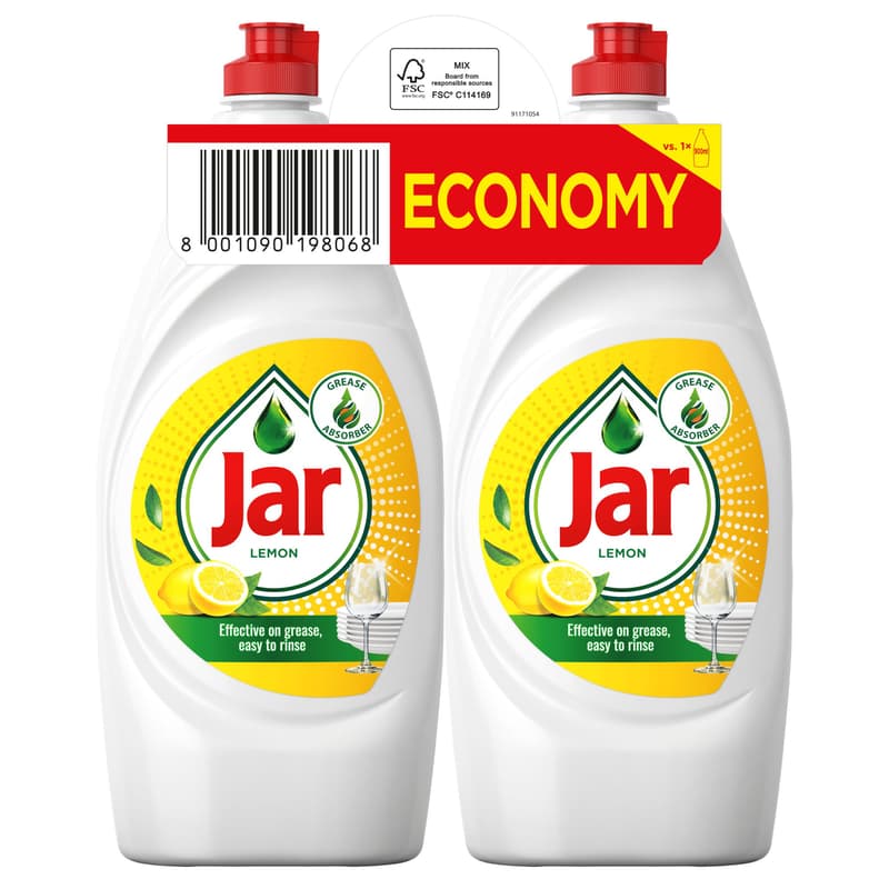 Jar Lemon Washing Up Liquid. No Soaking, No Grease, No Fuss  2x 900 ML