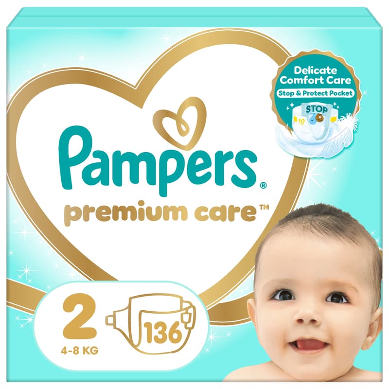 Pampers Premium Care Size 2, 136 Nappies, 4kg - 8kg