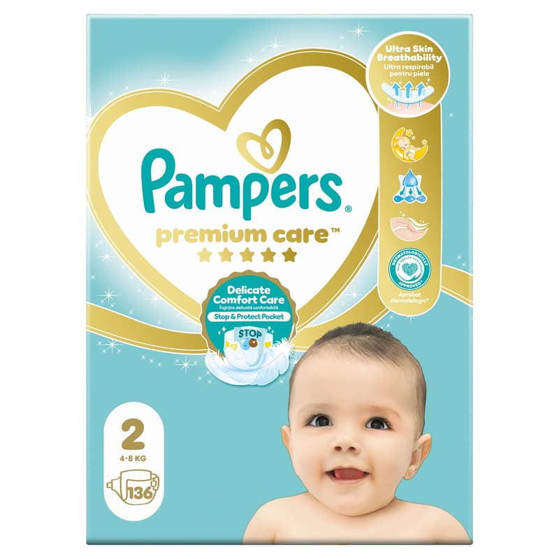 Pampers Premium Care Size 2, 136 Nappies, 4kg - 8kg