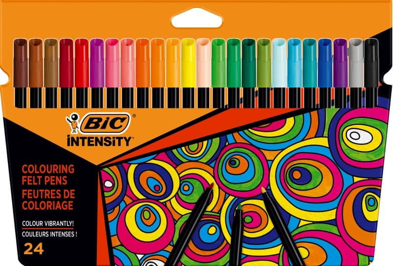 BIC Intensity Colouring Felt Pens 0.9 mm Lines Water-Based Ink Won't Dry Out for Up To 1 Month - Assorted Colours, Wallet of 24
