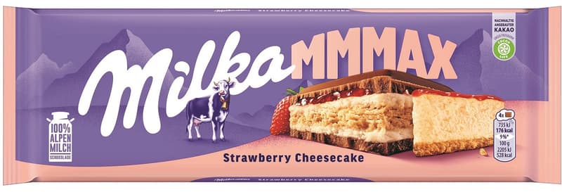 Milka MMMAX Alpesi tejcsokoládé sajttortaizű krémtöltelékkel, epres töltelékkel és keksszel