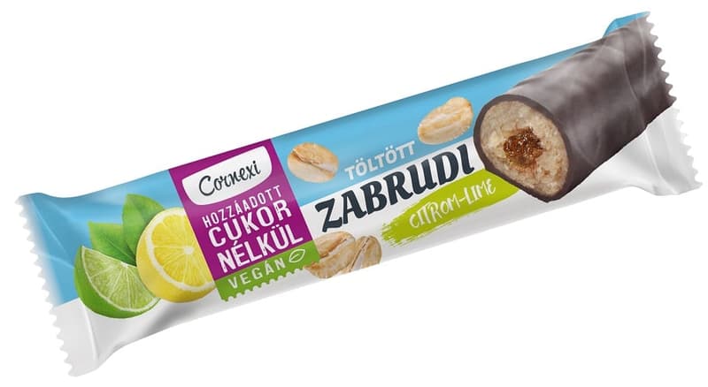 Oat bar with lemon-lime filling and cocoa coating, with sweetener, with no added sugar