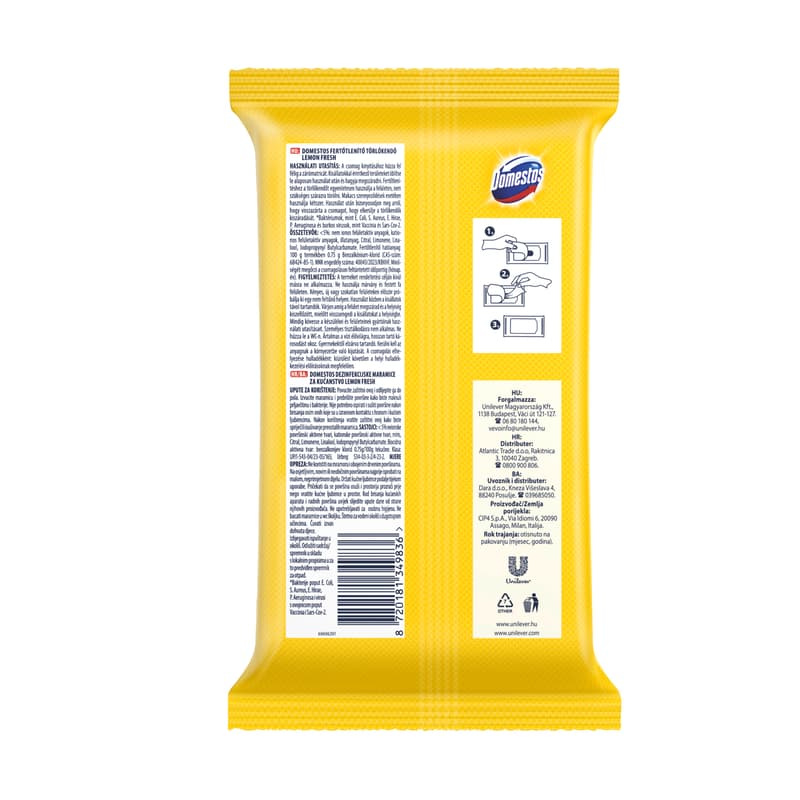 Domestos Lemon fertőtlenítő hatású higiénikus törlőkendő, 60 db