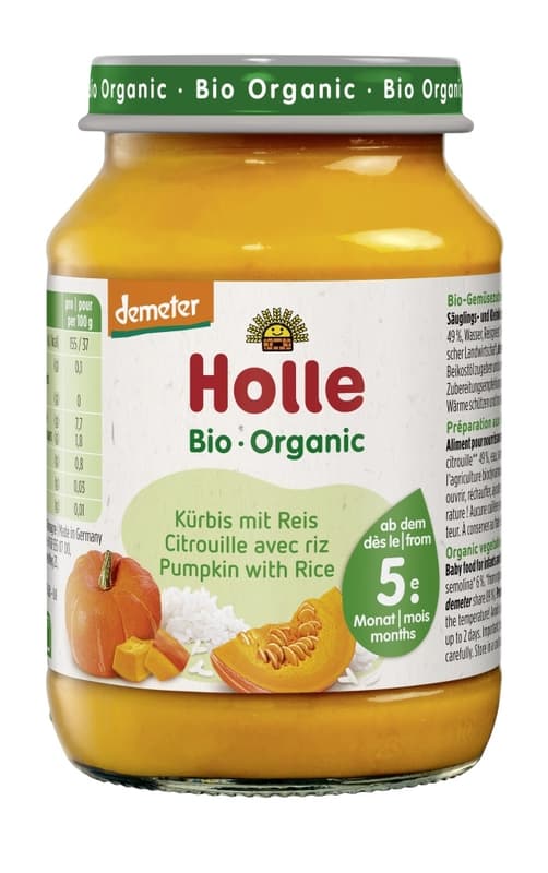 Holle Bio Sütőtök rizzsel üveges bébiétel 5 hónapos kortól, demeter