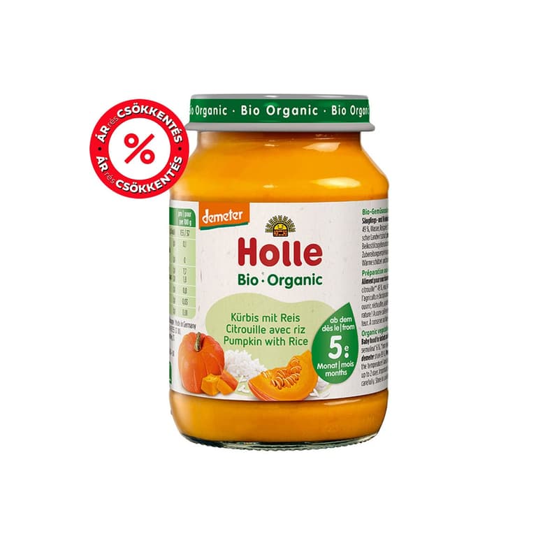 Holle Bio Sütőtök rizzsel üveges bébiétel 5 hónapos kortól, demeter