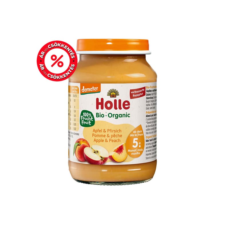 Holle Bio Őszibarack almával üveges bébiétel 5 hónapos kortól, demeter