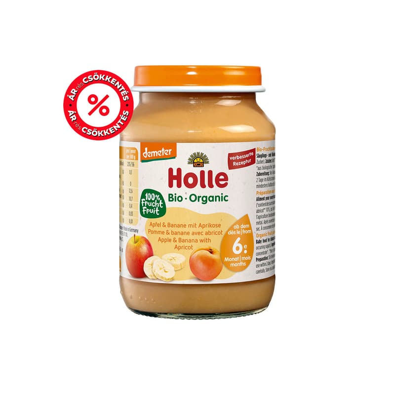 Holle Bio Alma, banán sárgabarack üveges bébiétel 6 hónapos kortól, demeter