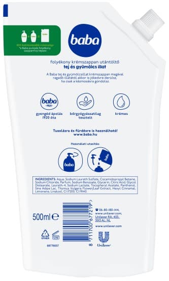 Baba folyékony krémszappan utántöltő tej és gyümölcs illattal, 500 ml